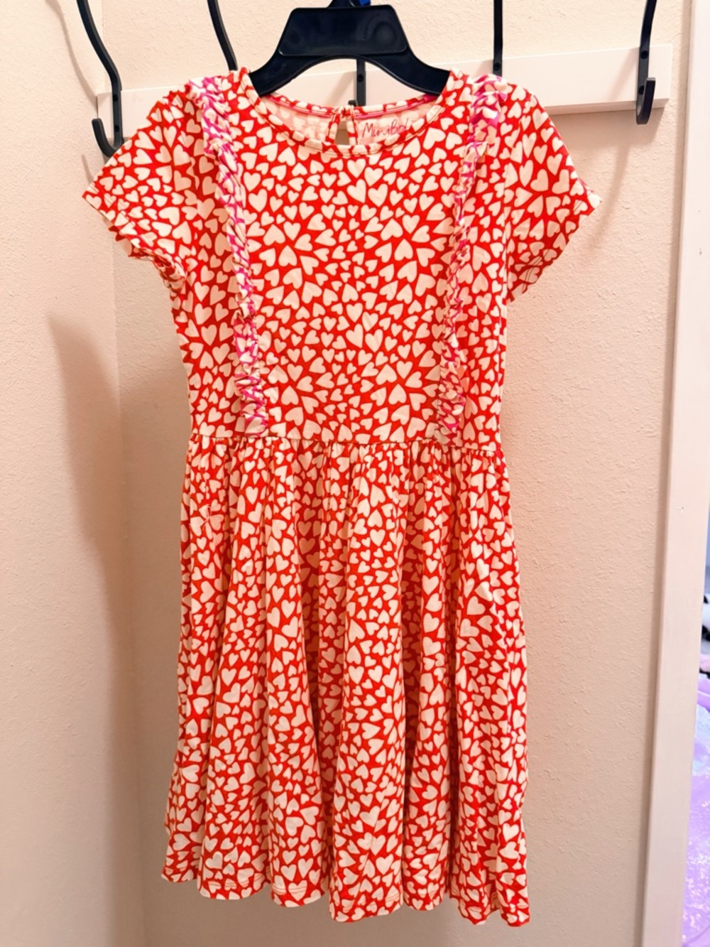 Mini Boden Red Heart Print Short Sleeve Dress with Pink Trim